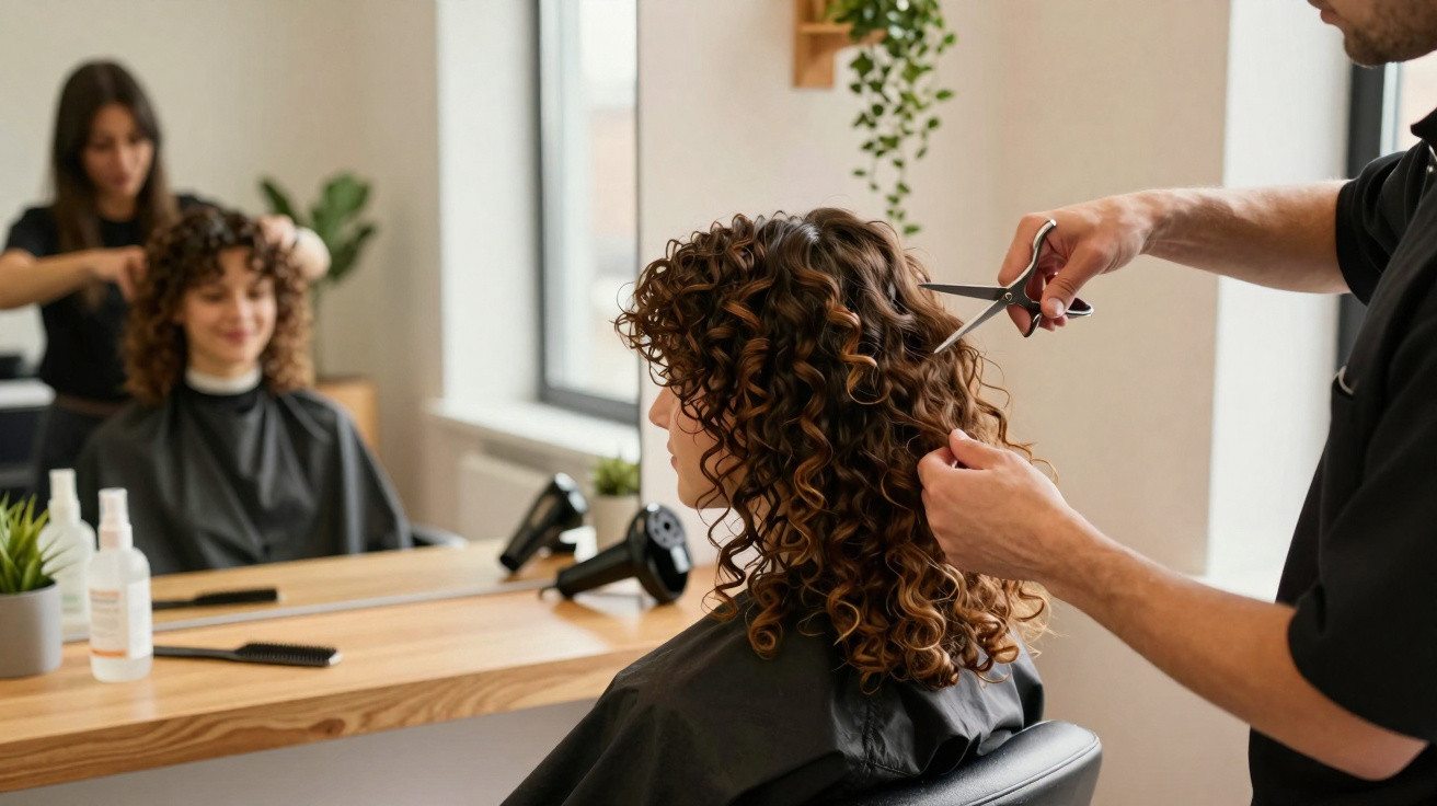 A woman with curly hair getting a haircut from a stylist in a salon with a mirror reflection.