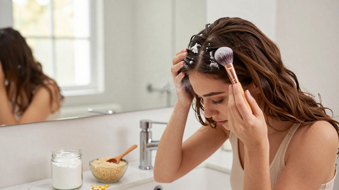 Woman applying dry shampoo powder to her hair using a makeup brush in a bathroom.