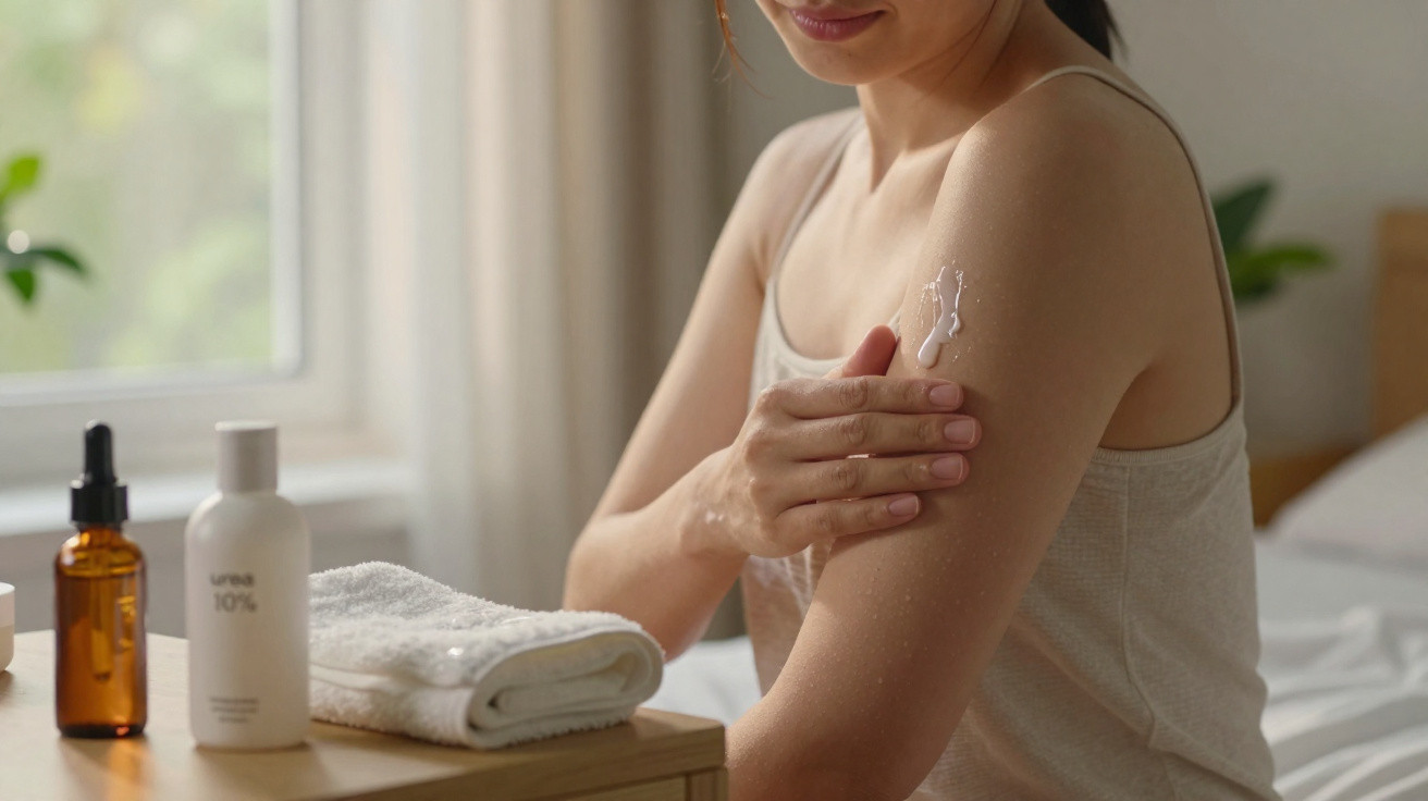 Woman applying skincare lotion to her upper arm beside a wooden table with bottles and a towel.