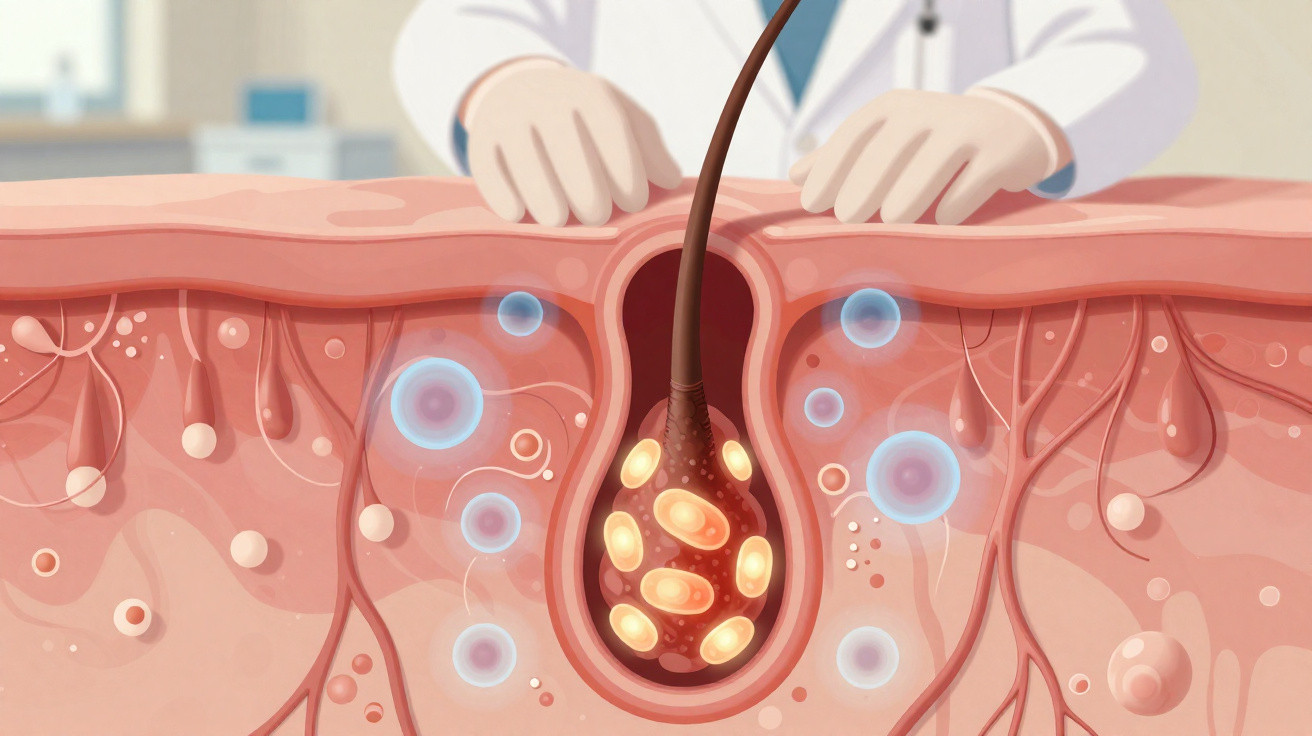 Cross-section illustration of a clogged hair follicle with bacteria and skin cells beneath the surface.