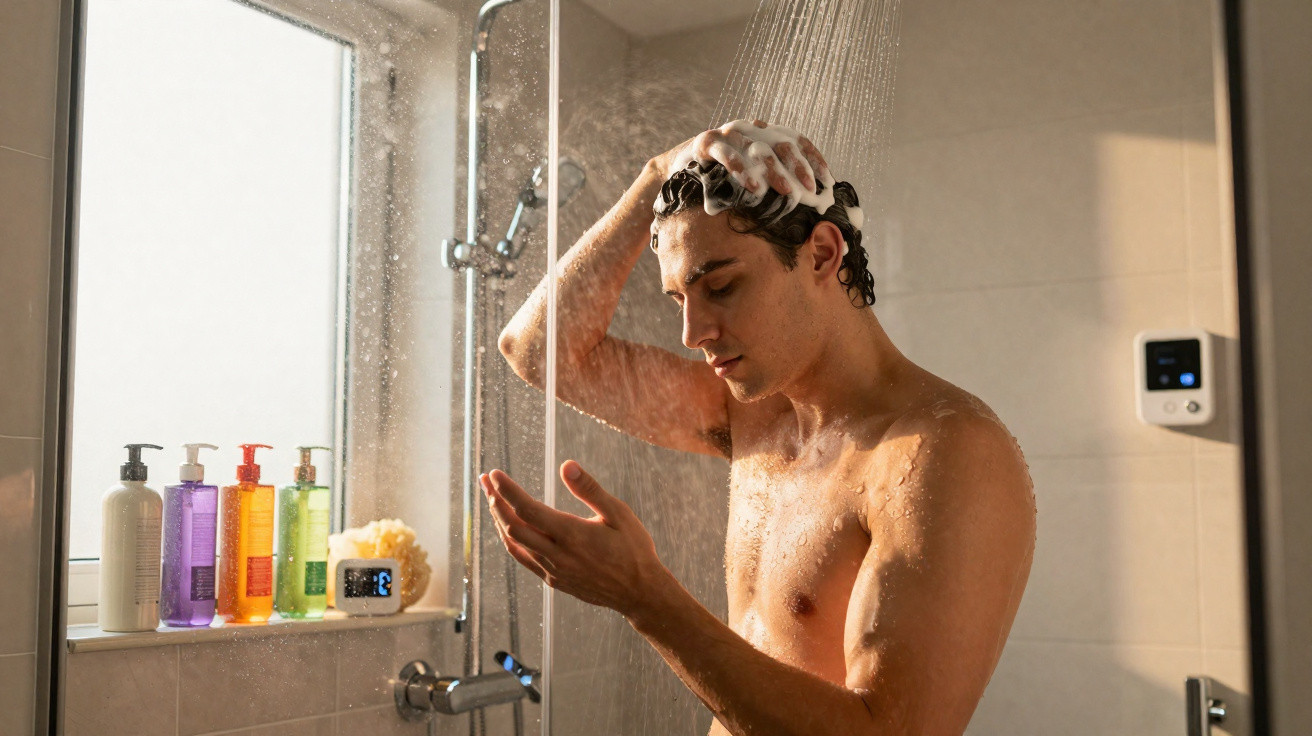 Man washing hair with shampoo in modern tiled shower with multiple colourful bottles on windowsill.