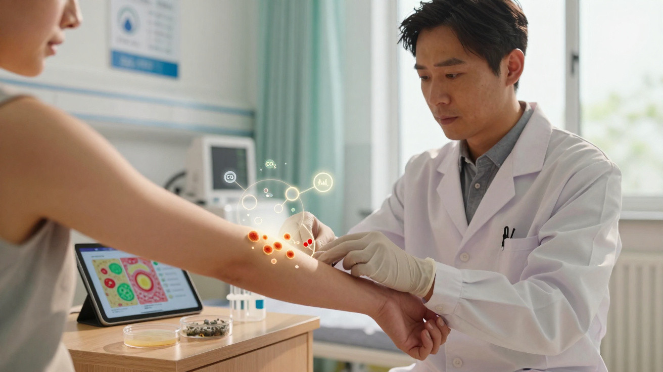 Doctor wearing gloves examining patient's arm with digital medical illustrations in a clinic room.