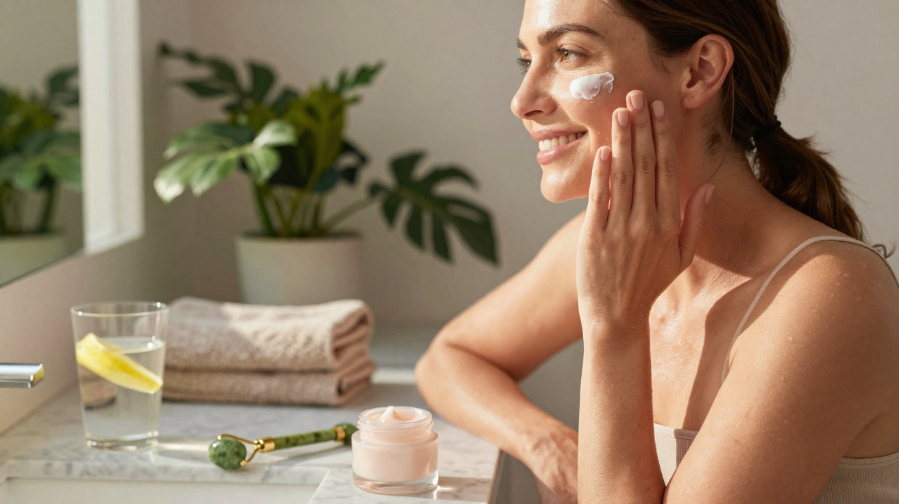 Woman smiling while applying cream to her cheek in a bright bathroom with skincare items on the counter.