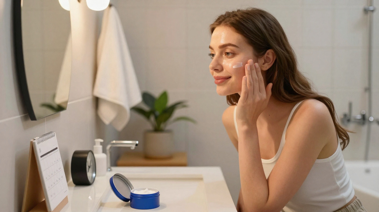Young woman applying face cream in bathroom, looking into mirror with a smile