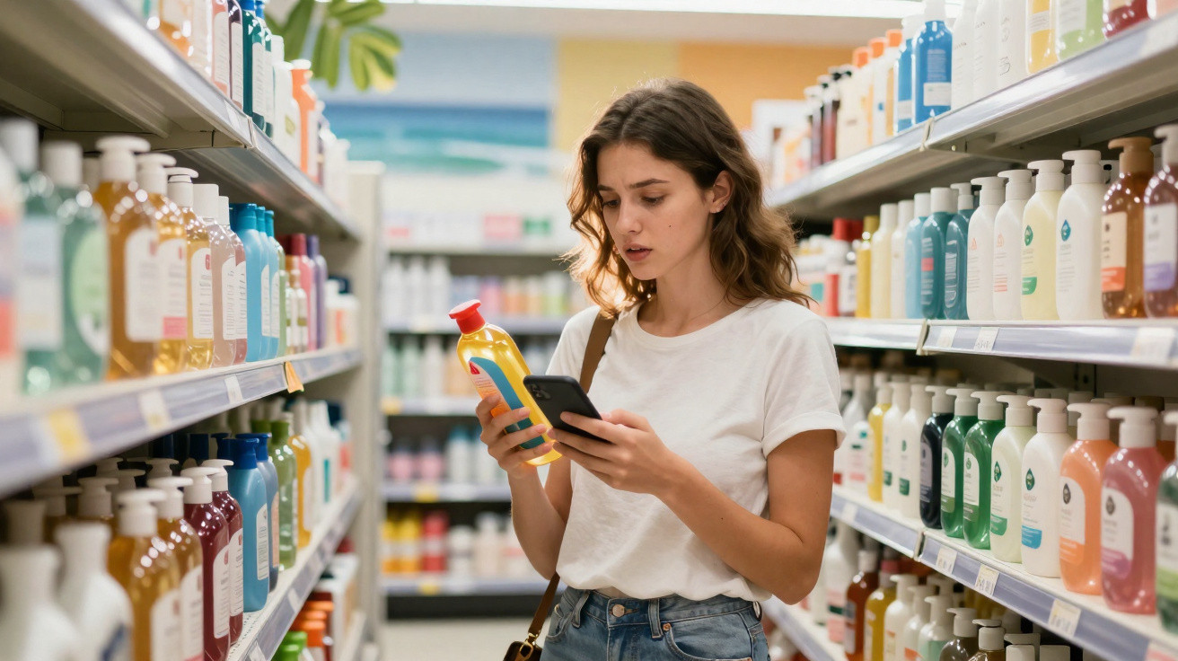 Woman in a white t-shirt reading a product label in a supermarket aisle filled with bottled goods.