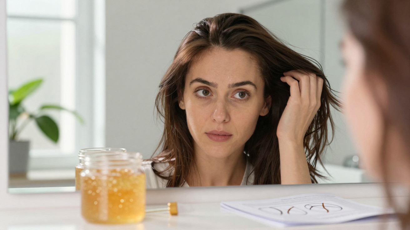 Woman with wet hair looking at her reflection in a bathroom mirror next to a jar of honey and a hairbrush.