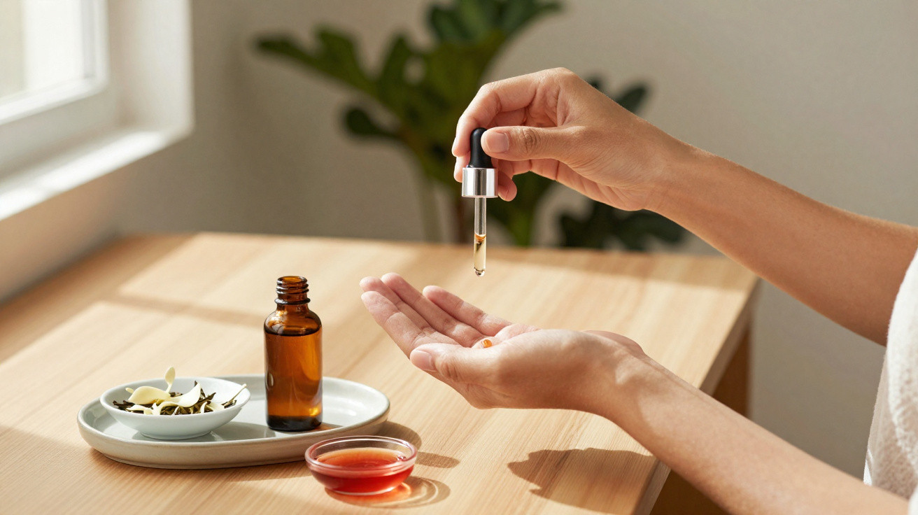 Hands using a dropper to apply oil, with a brown bottle and small bowls on a wooden table near a window.