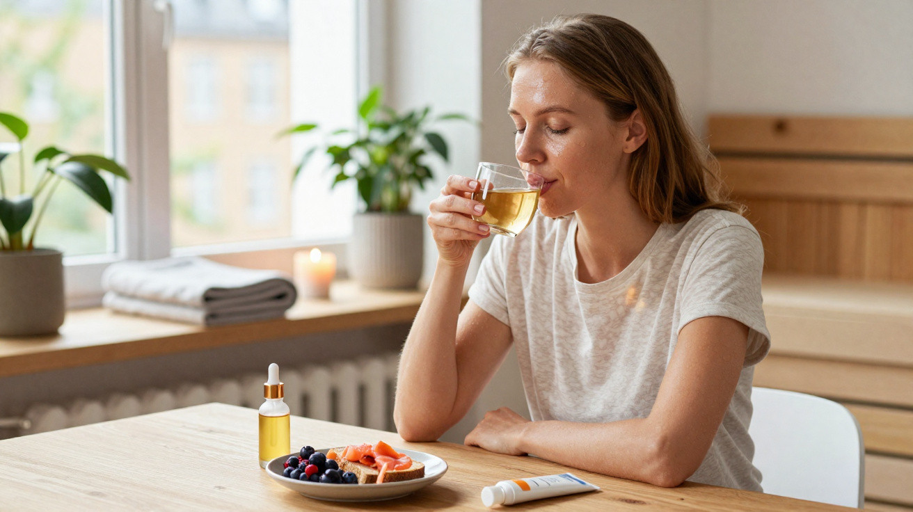 Woman drinking tea at a wooden table with a plate of berries and salmon toast, skincare bottle, and cream tube.