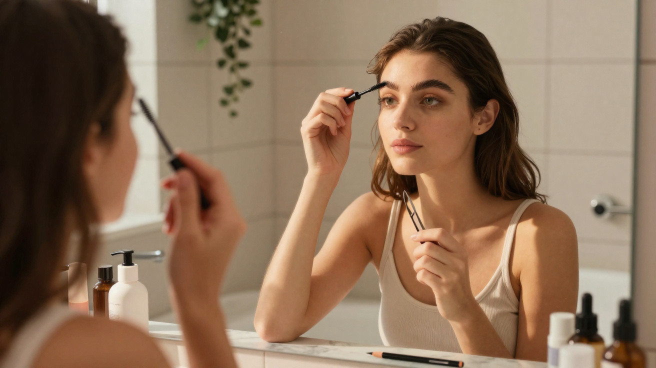 Young woman applying eyebrow makeup while looking into a bathroom mirror.