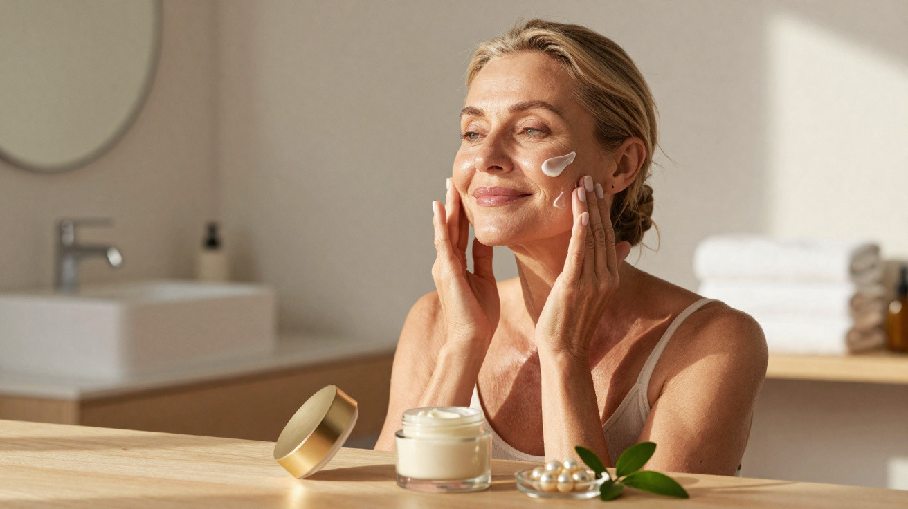 Mature woman applying face cream with a smile in a bright, minimalistic bathroom setting.