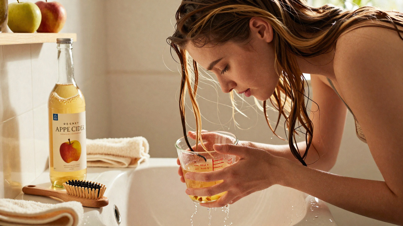 Woman rinsing hair over a bathroom sink holding a glass measuring cup filled with liquid.