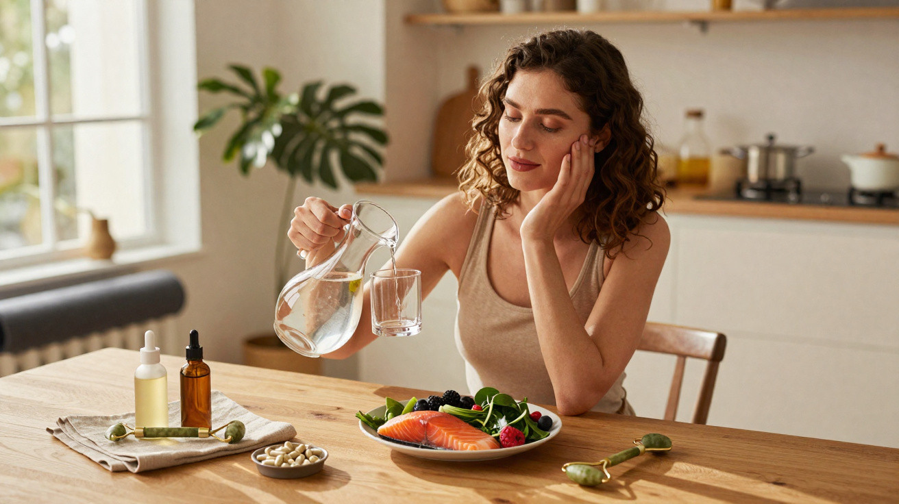 Woman sitting at a wooden table pouring water into a glass, with a healthy meal and supplements nearby.