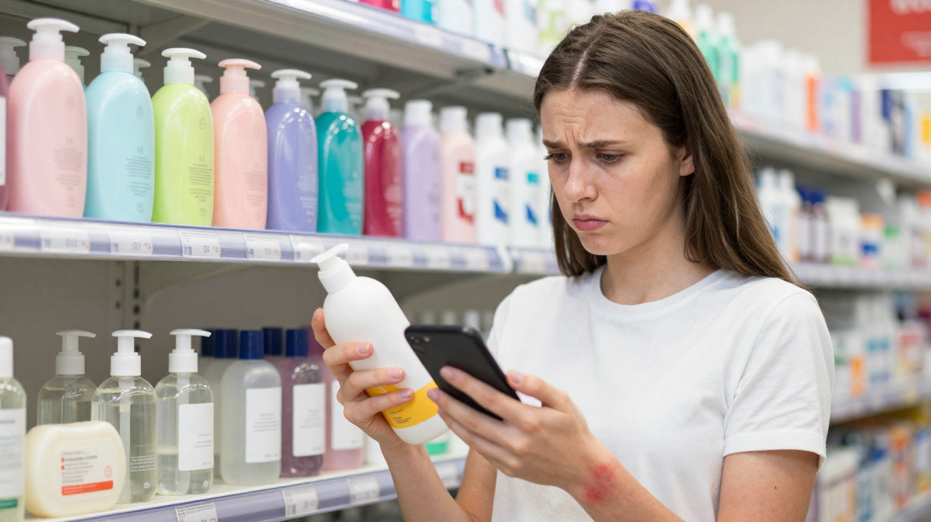 Woman in a white t-shirt comparing a lotion bottle with information on her smartphone in a skincare aisle.