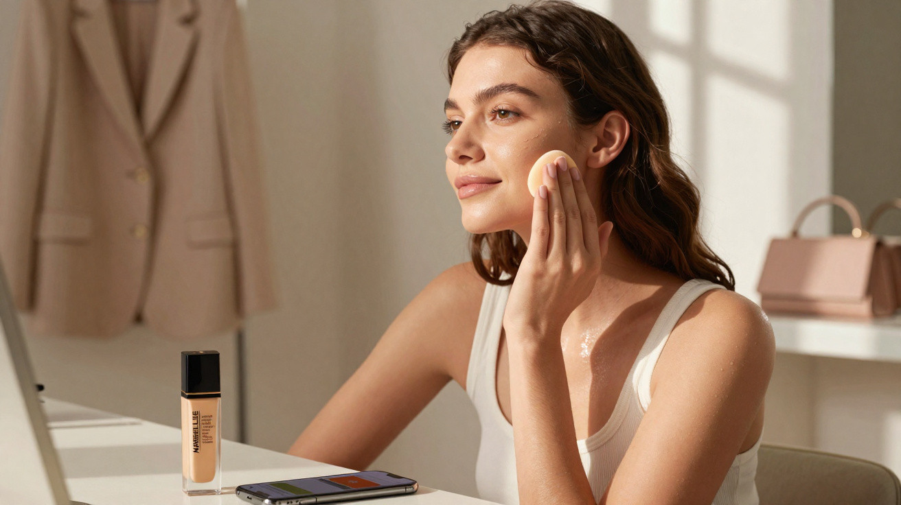 Woman applying foundation makeup to her face using a sponge in a well-lit room with beige decor.