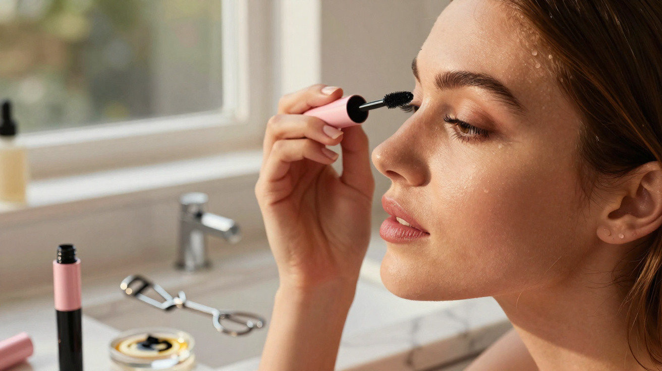 Woman applying mascara to her eyelashes in a bathroom with makeup tools on the counter.