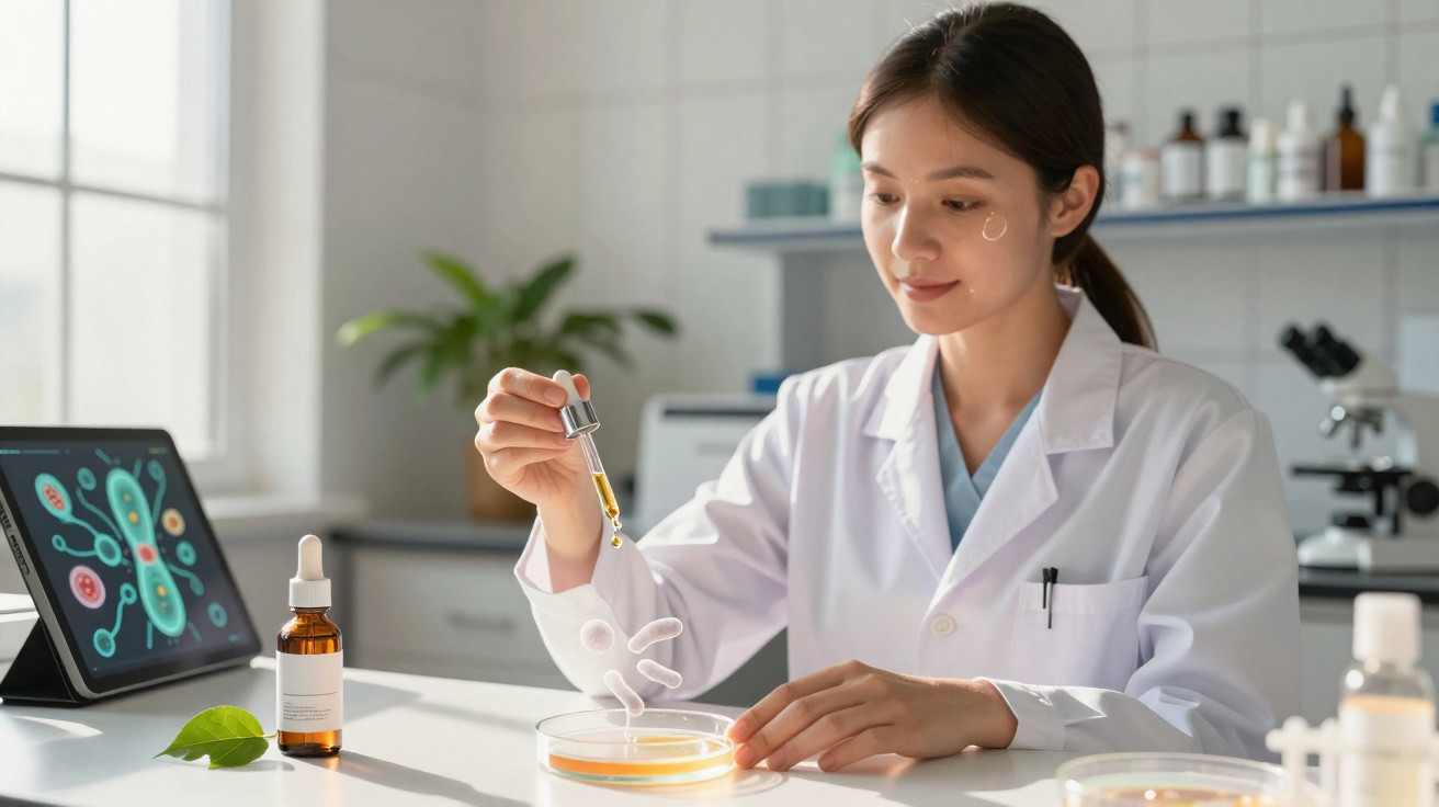 Scientist in white coat adding liquid from dropper to petri dish in a laboratory setting with microscope nearby.