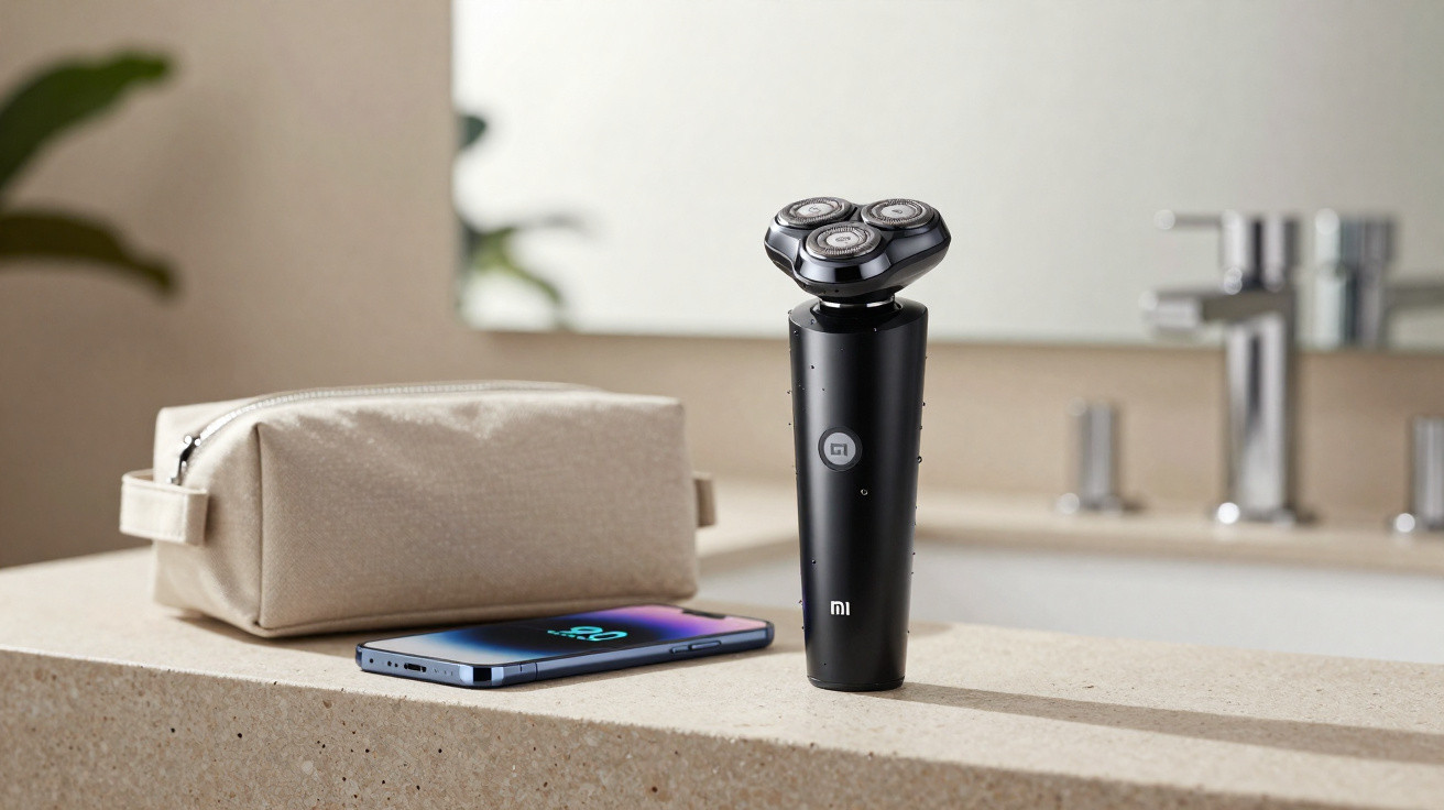 Black electric rotary shaver standing on bathroom counter next to a beige toiletry bag and a smartphone.