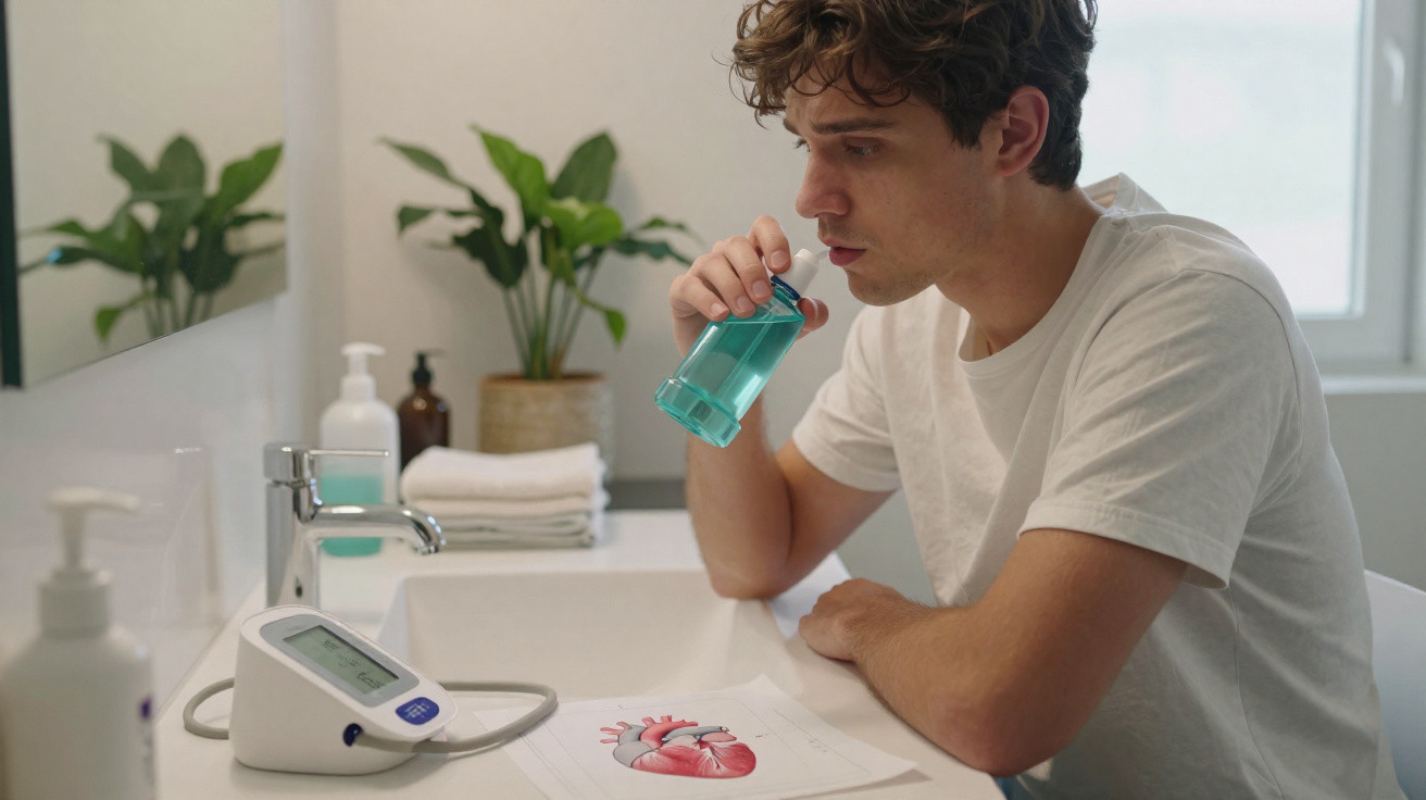 Young man in white t-shirt rinsing mouth with blue mouthwash in a bright bathroom.