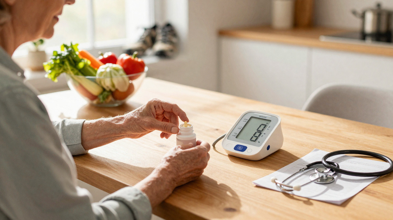 Elderly person holding a medication bottle near a blood pressure monitor and stethoscope on a wooden table.