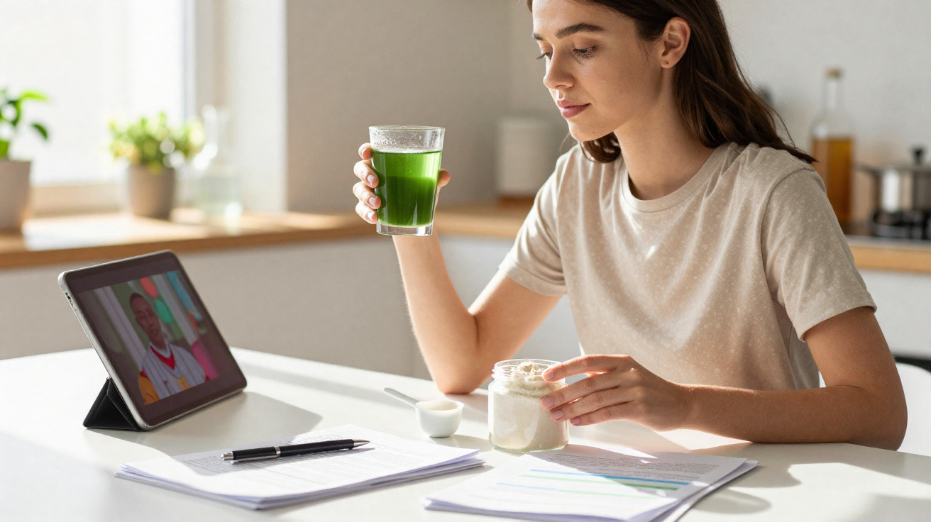 Young woman sitting at a table with papers, drinking green juice, watching a video on a tablet in a bright kitchen.