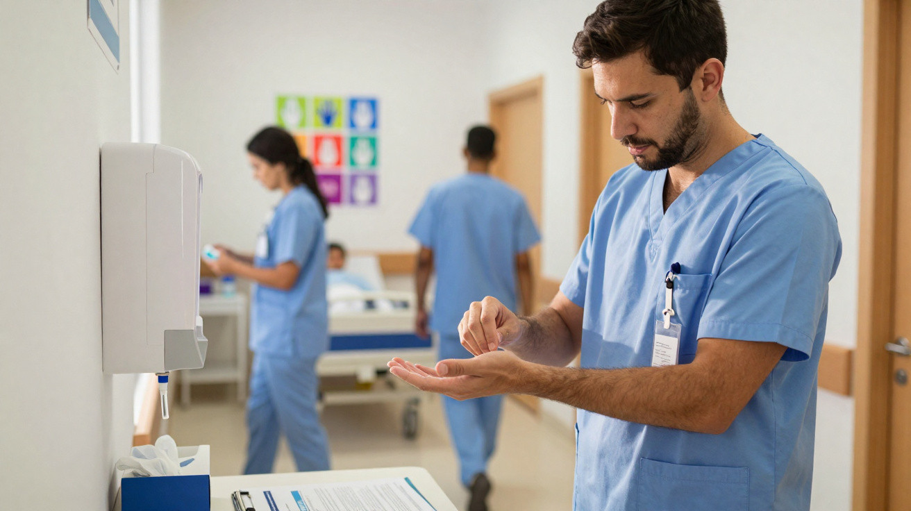 Male healthcare worker in blue scrubs using hand sanitizer in a hospital corridor with colleagues and patient in background