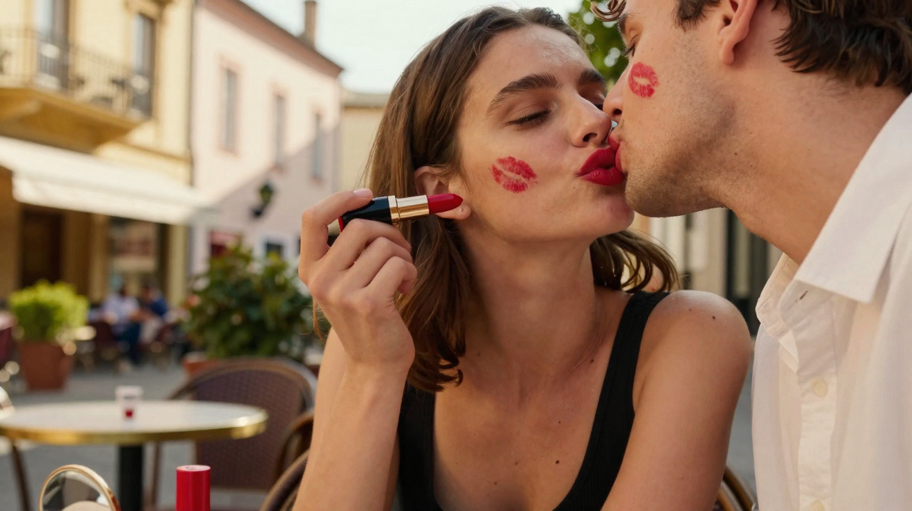 Couple with lipstick kiss marks on their faces sharing a kiss at an outdoor café.