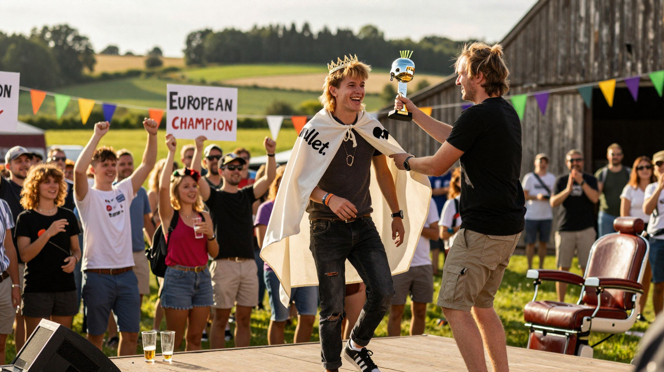 Young man wearing a crown and cape receives a trophy on stage while a cheering crowd holds "European Champion" signs outdoors