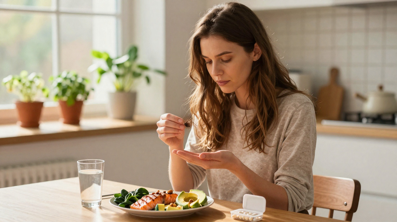 Woman taking a supplement pill at a wooden kitchen table with a healthy meal and glass of water nearby.