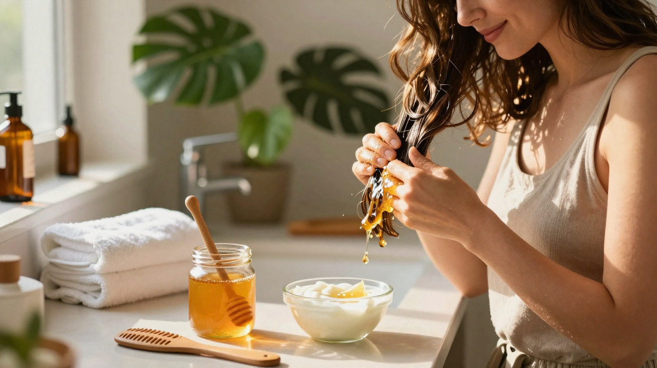 Woman applying honey to wet hair in bright bathroom with towels, plant, and hair care products on counter.