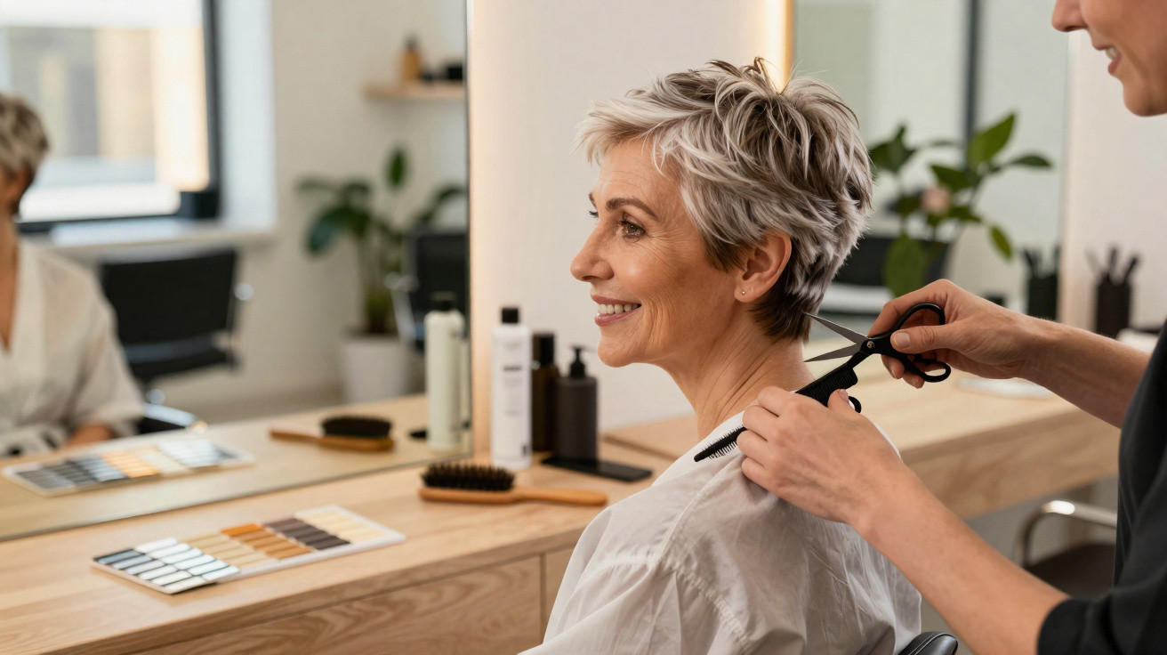 Woman with short grey hair smiling while getting a haircut at a modern salon with a large mirror.