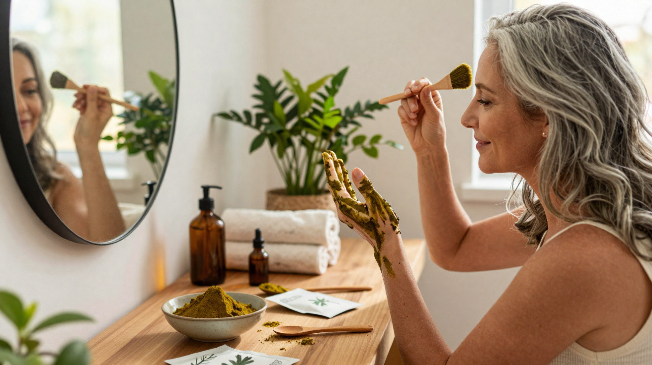 Middle-aged woman applying a green facial mask with a brush in a bright bathroom with plants.