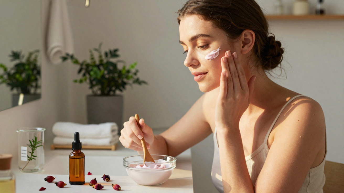 Woman applying pink cream to her face at a table with skincare ingredients and dried rose petals.
