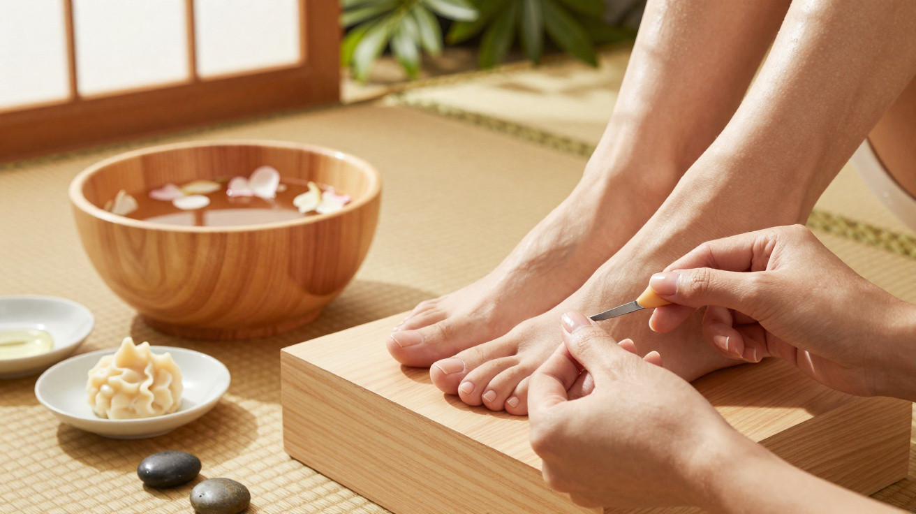 Close-up of a person receiving a pedicure with tools, wooden bowl with floating petals, and spa items nearby.