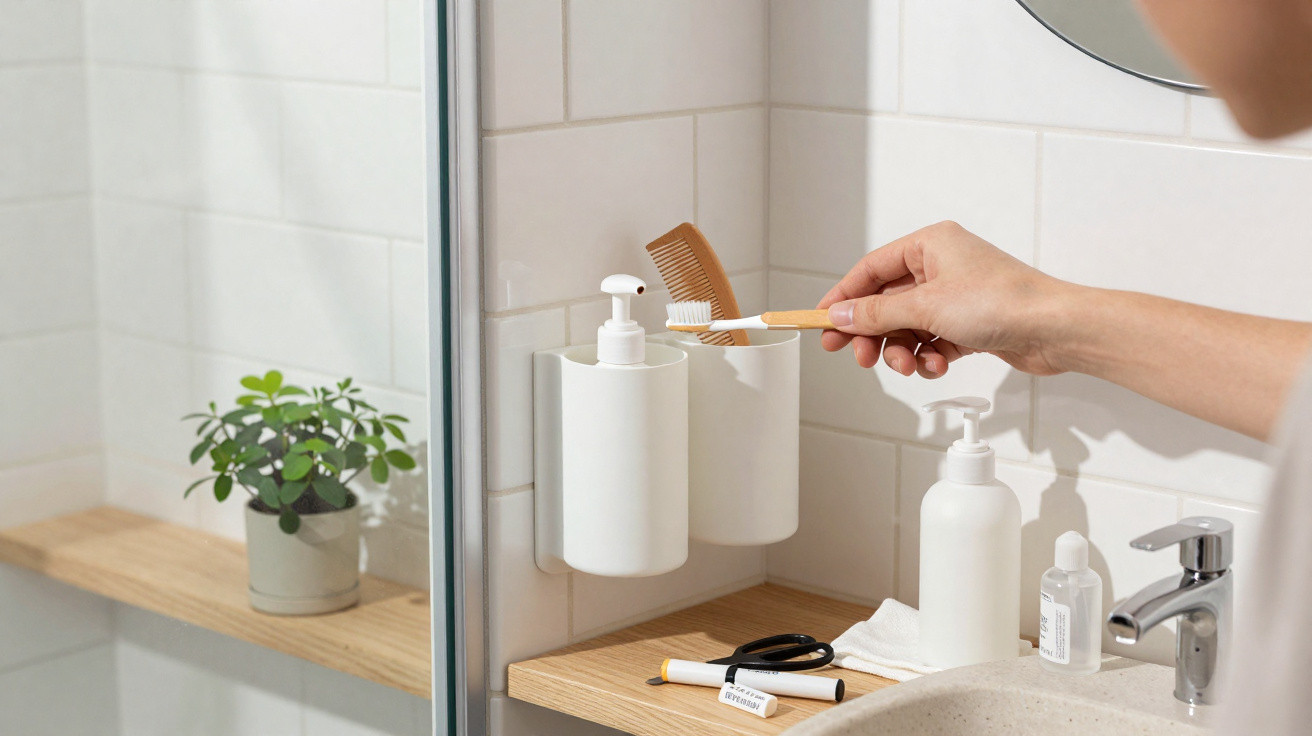 Person holding a bamboo toothbrush near white dispenser and comb in a modern bathroom with sink and plant.