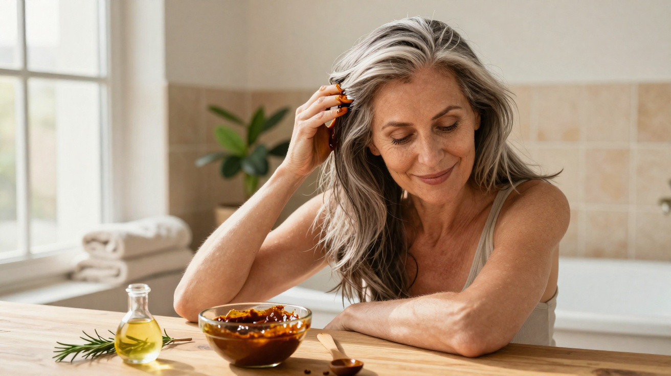 Mature woman with grey hair sitting at a table with a bowl of skincare product and small oil bottle in a bright room.