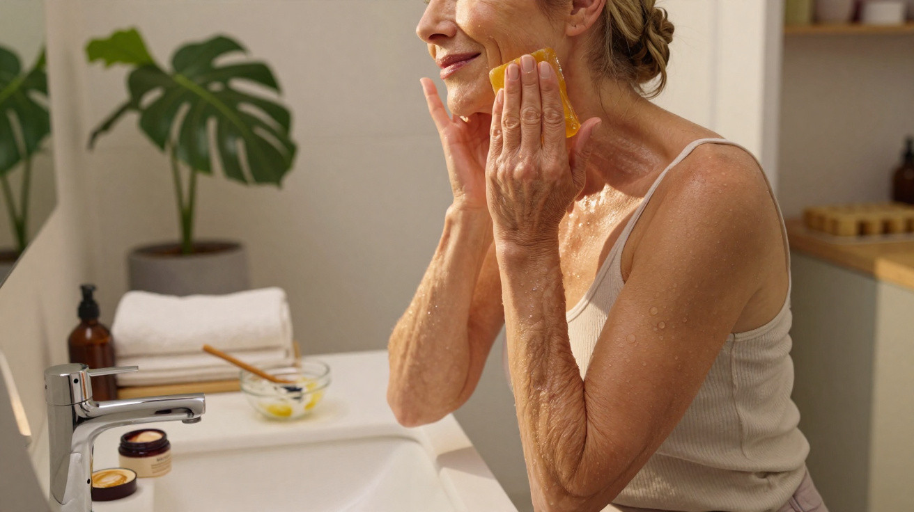 Middle-aged woman gently applying an amber facial soap bar to her wet face by the sink.