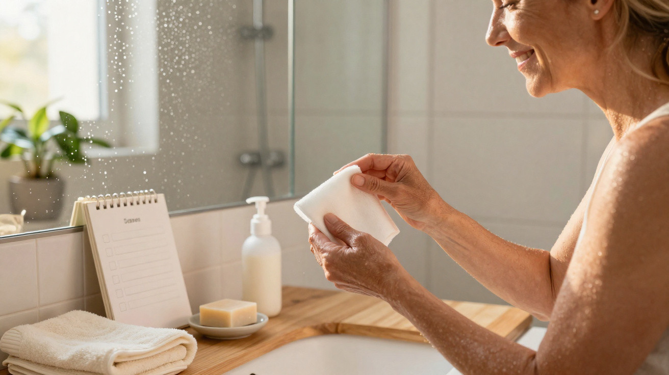 Mature woman smiling while holding a cotton pad in a bright bathroom with skincare products nearby.