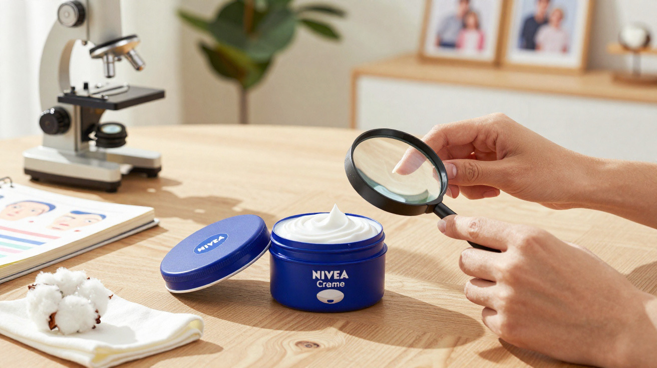 Person examining open Nivea Creme jar with magnifying glass on wooden table near microscope and cotton.