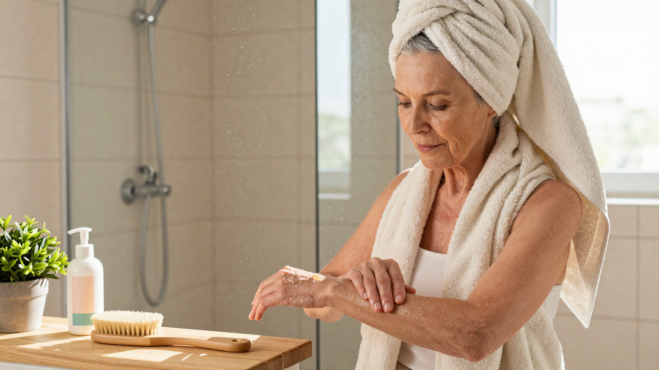 Older woman with a towel wrapped around her head applying lotion to her arm in a bright bathroom.