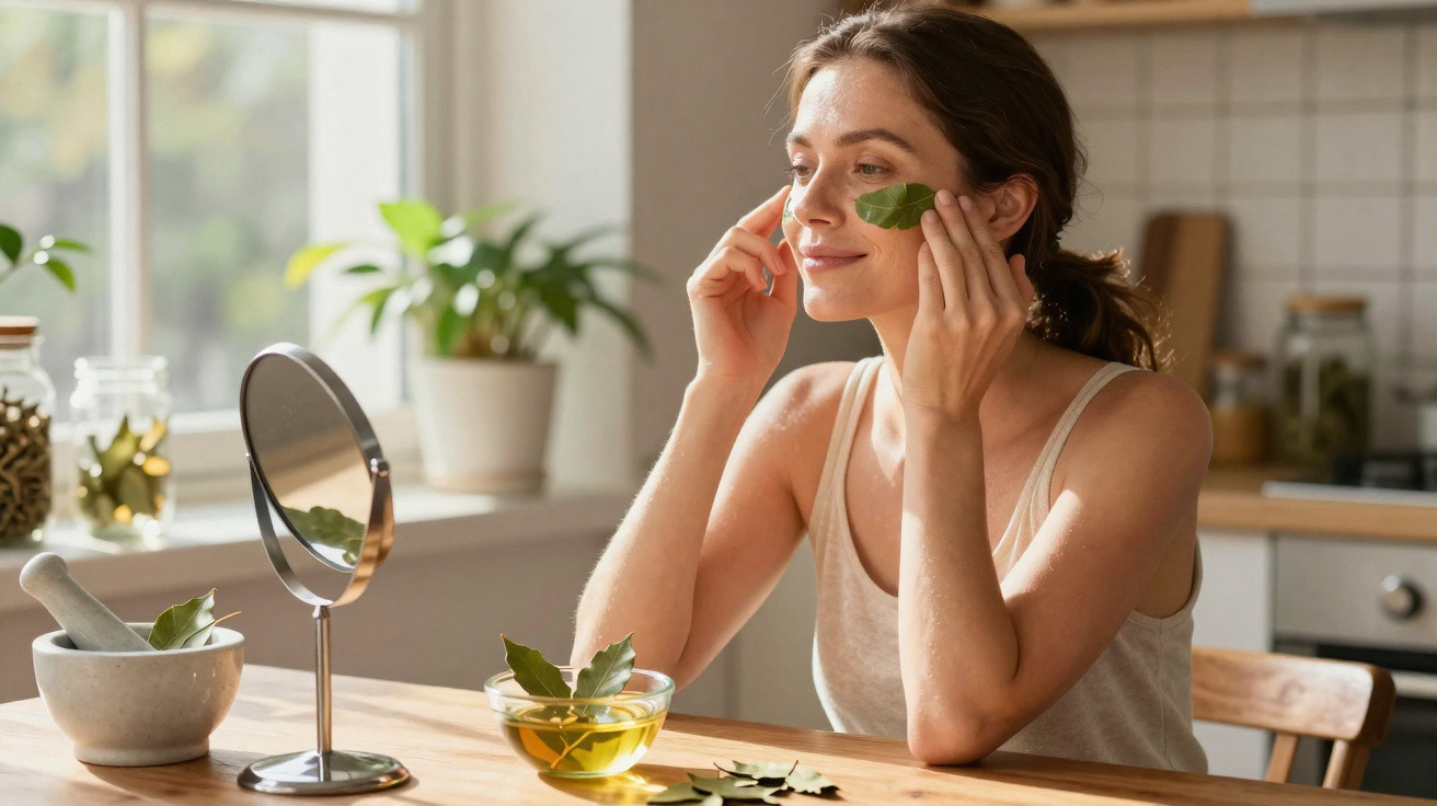 Woman applying green leaves to her face in a sunlit kitchen with natural skincare ingredients on the table.