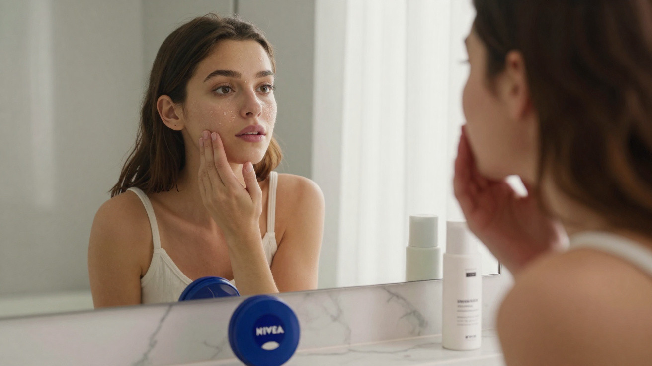 Young woman applying face cream in front of a bathroom mirror with Nivea container visible on the counter.