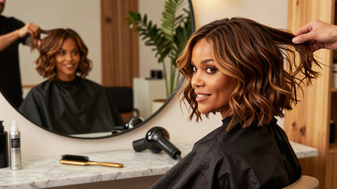 Woman with wavy brown hair smiling as hairstylist lifts her hair in a salon chair in front of a mirror.