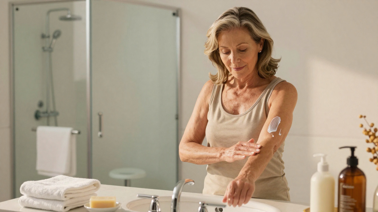 Mature woman applying cream on her arm in a bathroom with towels and skincare products on the counter.