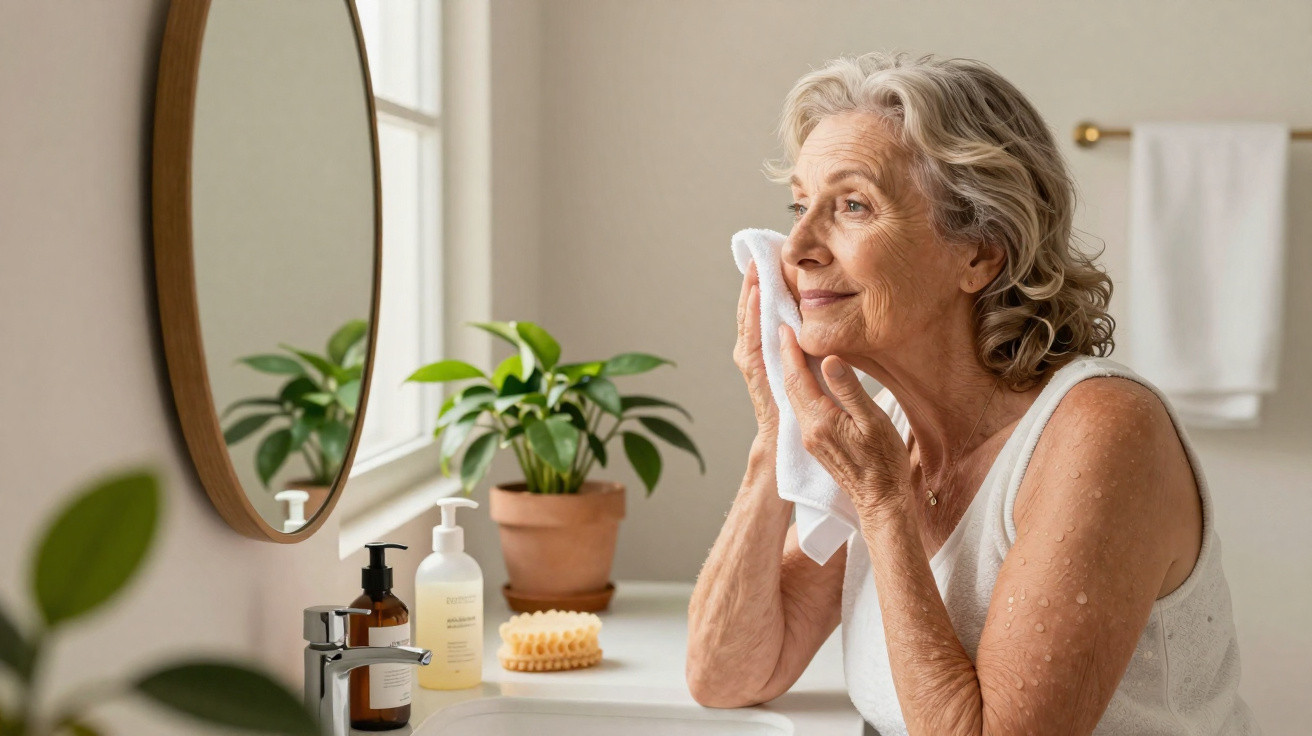 Older woman gently drying her face with a towel in a bright bathroom by a window and mirror.