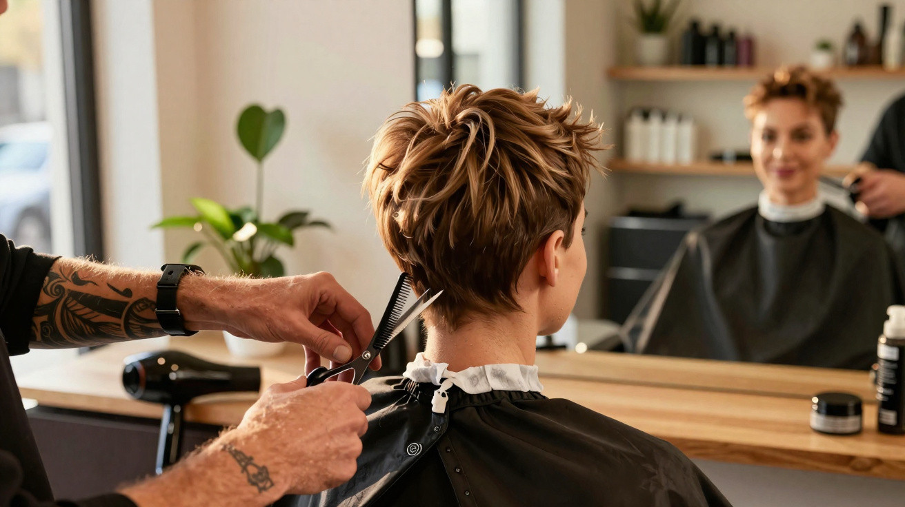 Hairstylist cutting a short, textured haircut of a seated client in a modern salon.