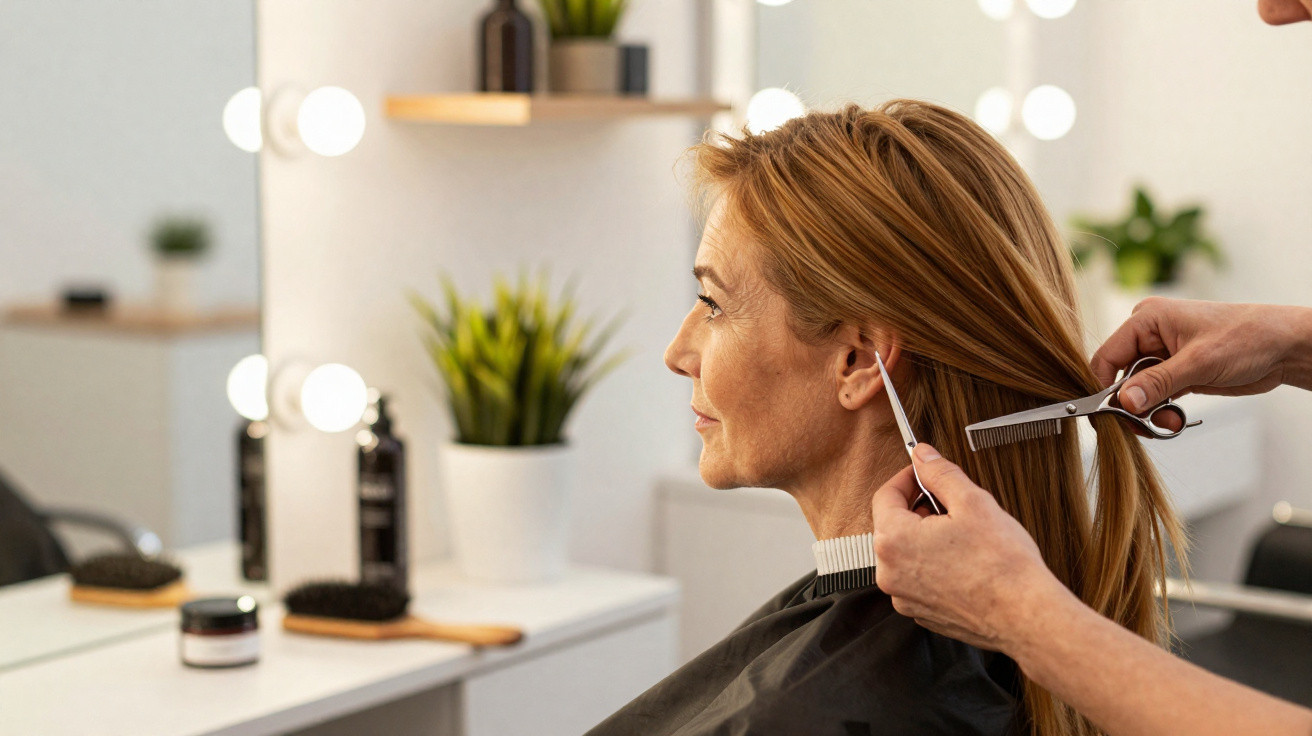 Woman with long blonde hair getting a trim at a hair salon, seated in front of a mirror with salon tools nearby.