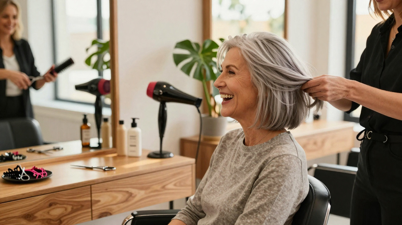Smiling older woman with grey hair getting her hair styled at a modern salon with wooden furniture.