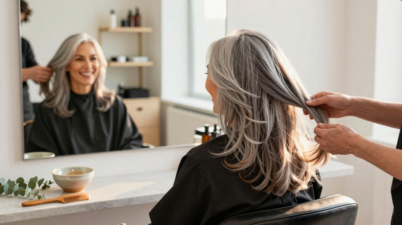 Woman with long grey hair sitting in a salon chair smiling while a hairdresser styles her hair in front of a mirror.