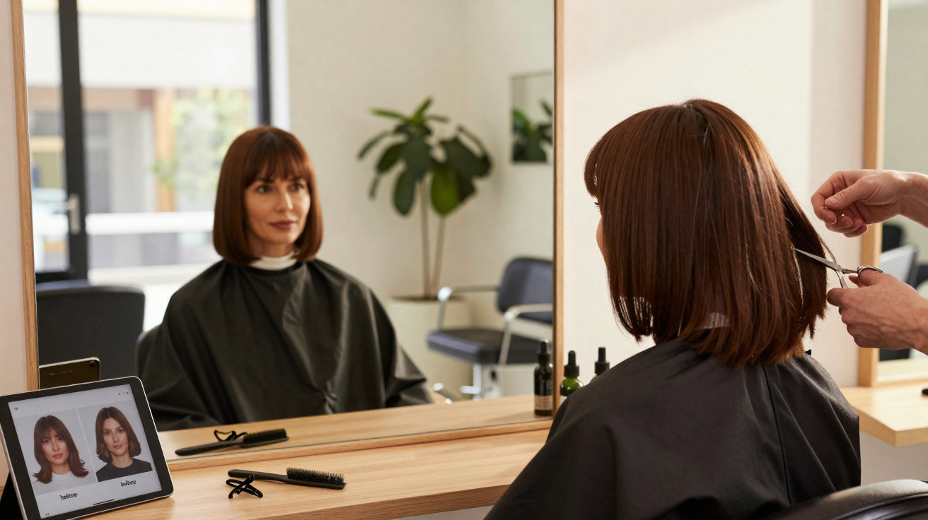 Woman with brown bob haircut getting a trim in a salon while looking at herself in the mirror