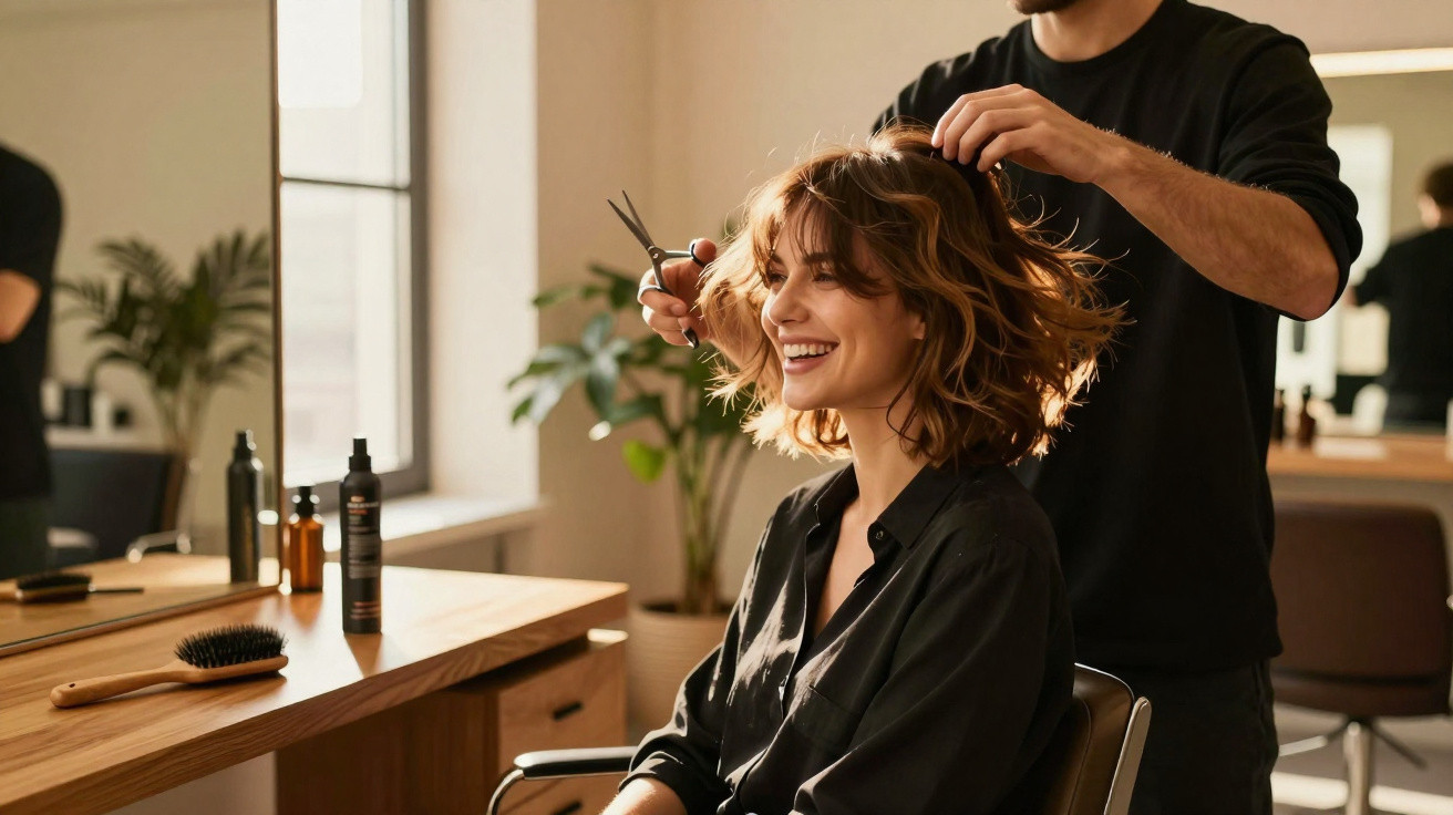 Woman smiling while getting a haircut from a hairstylist in a bright, modern salon.
